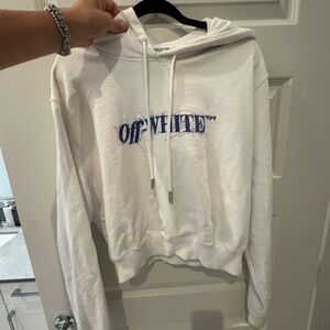 Off-White Cream Hoodie with Blue Accents